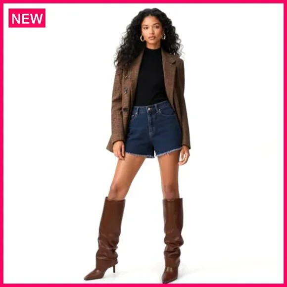 Knee High Boots Fold Over Pointed Toe Stiletto Heel Wide Calf Zipper - Picture 6 of 8